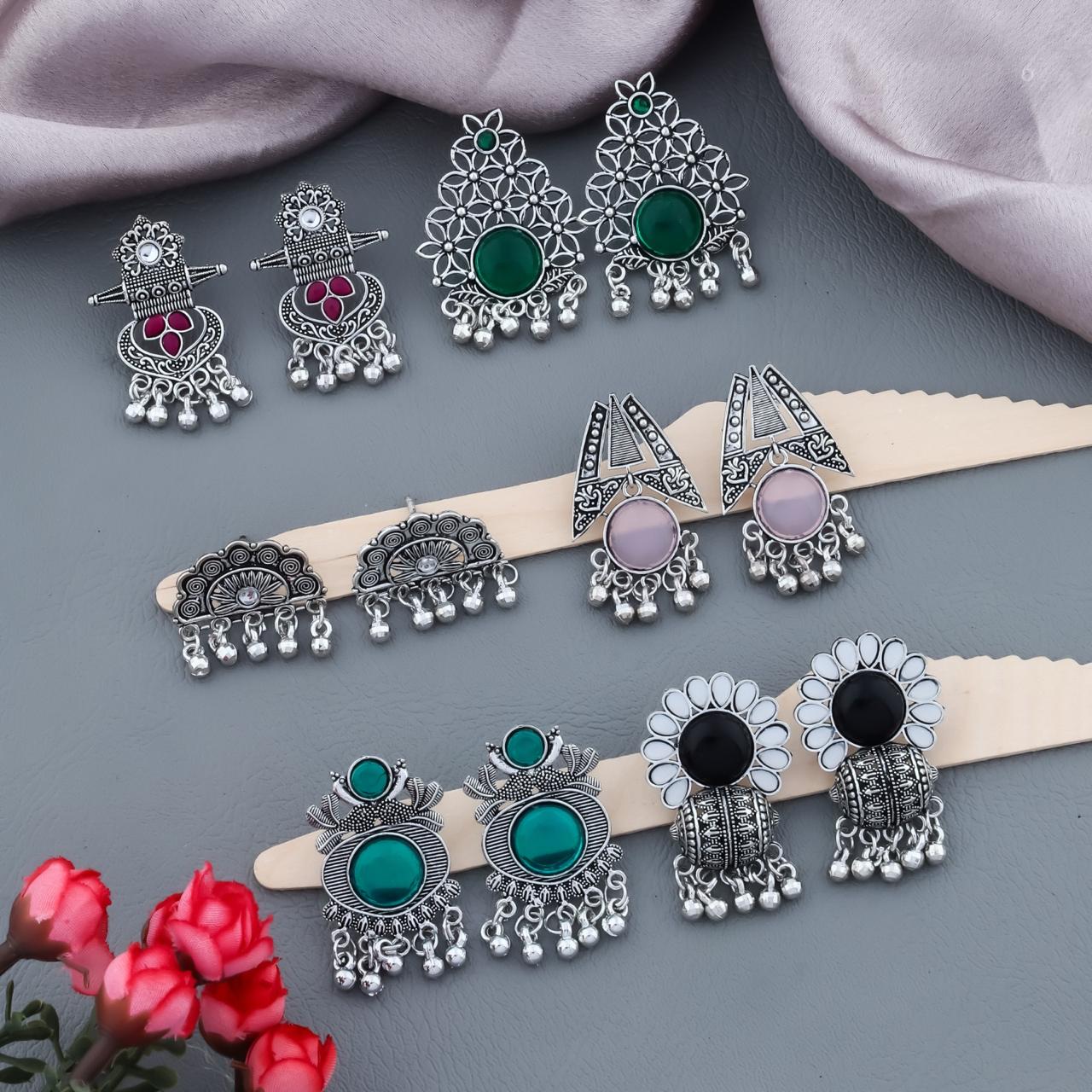 Women Oxidized Silver Plated Traditional Earrings Combo Set for Girls Pearl Alloy Jhumka Earring