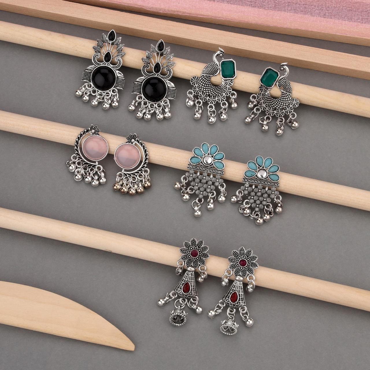 Women Oxidized Silver Plated Traditional Earrings Combo Set for Girls Pearl Alloy Jhumka Earring