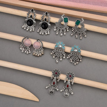 Women Oxidized Silver Plated Traditional Earrings Combo Set for Girls Pearl Alloy Jhumka Earring