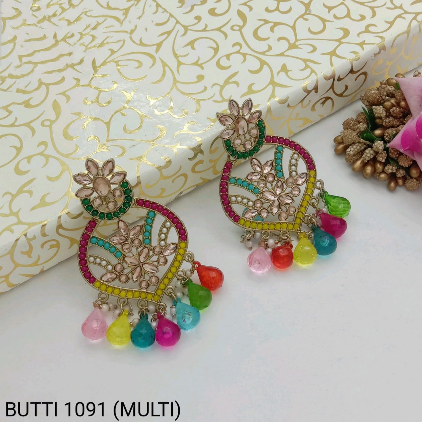 Trendy Multicolor Kundan Pearl Drop Earrings for Women Traditional Ethnic Chand Bali Style
