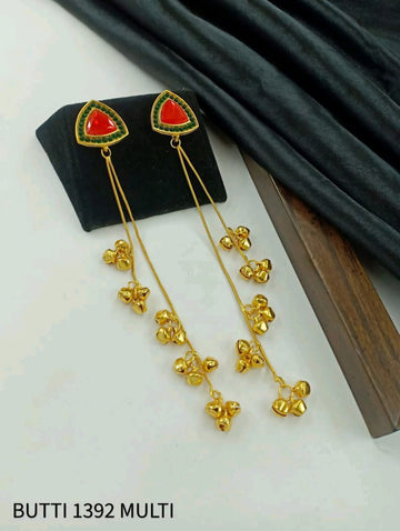 gold-plated Kashmiri drop earrings feature stones and delicate ghungroo bell drops