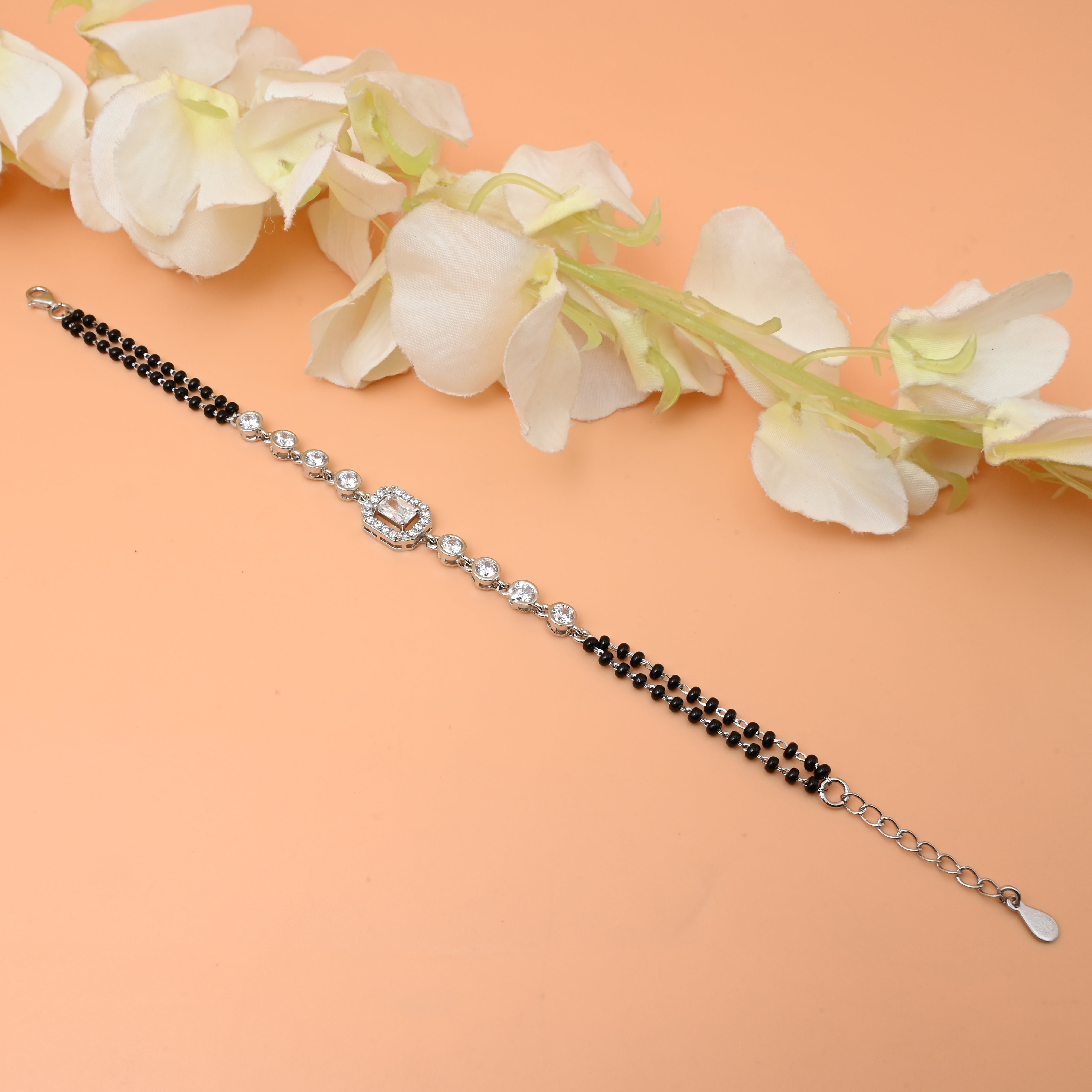 Elegant Silver Bracelet with White Square Stone – Unique Mangalsutra Pattern