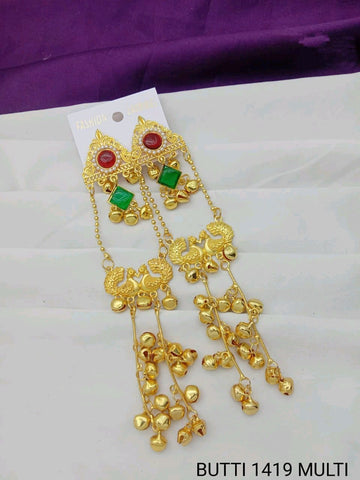 Gold-Plated Kashmiri Drop Earrings Feature Stones And Delicate Ghungroo Bell Drops