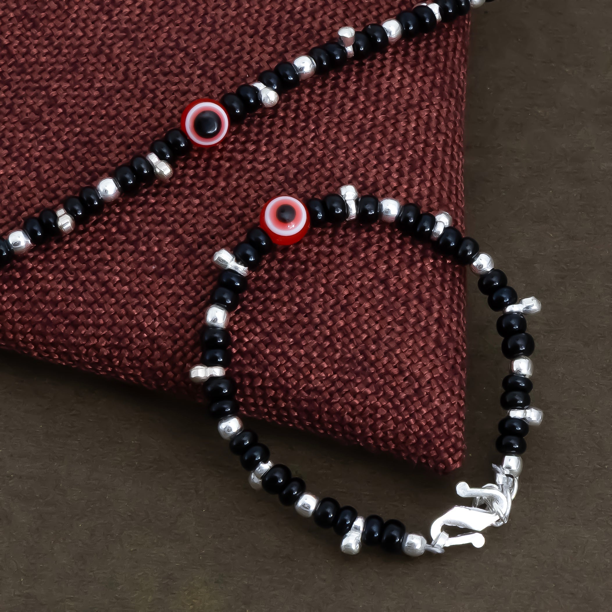 Black Beads & Red Evil Eye Silver Baby Bracelet