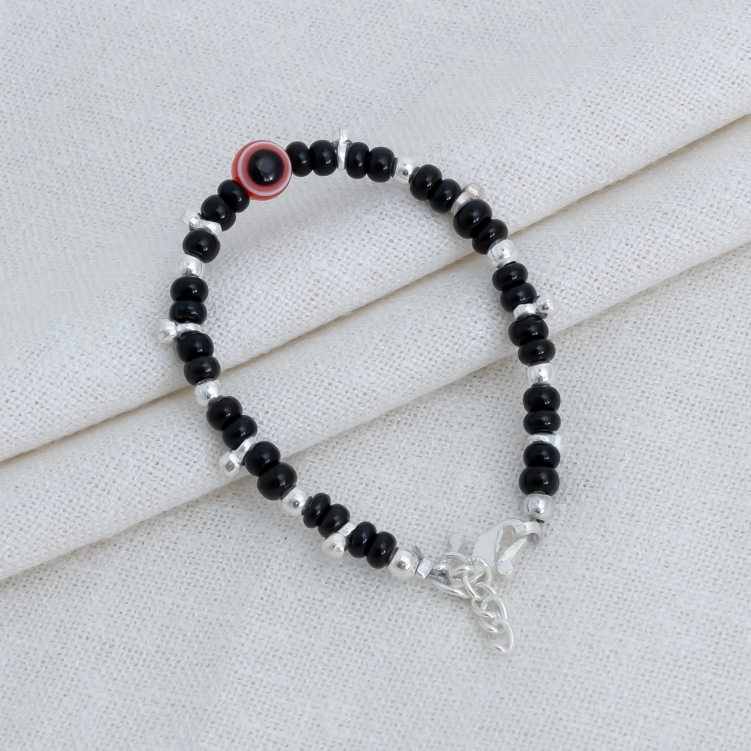 Black Beads & Red Evil Eye Silver Baby Bracelet