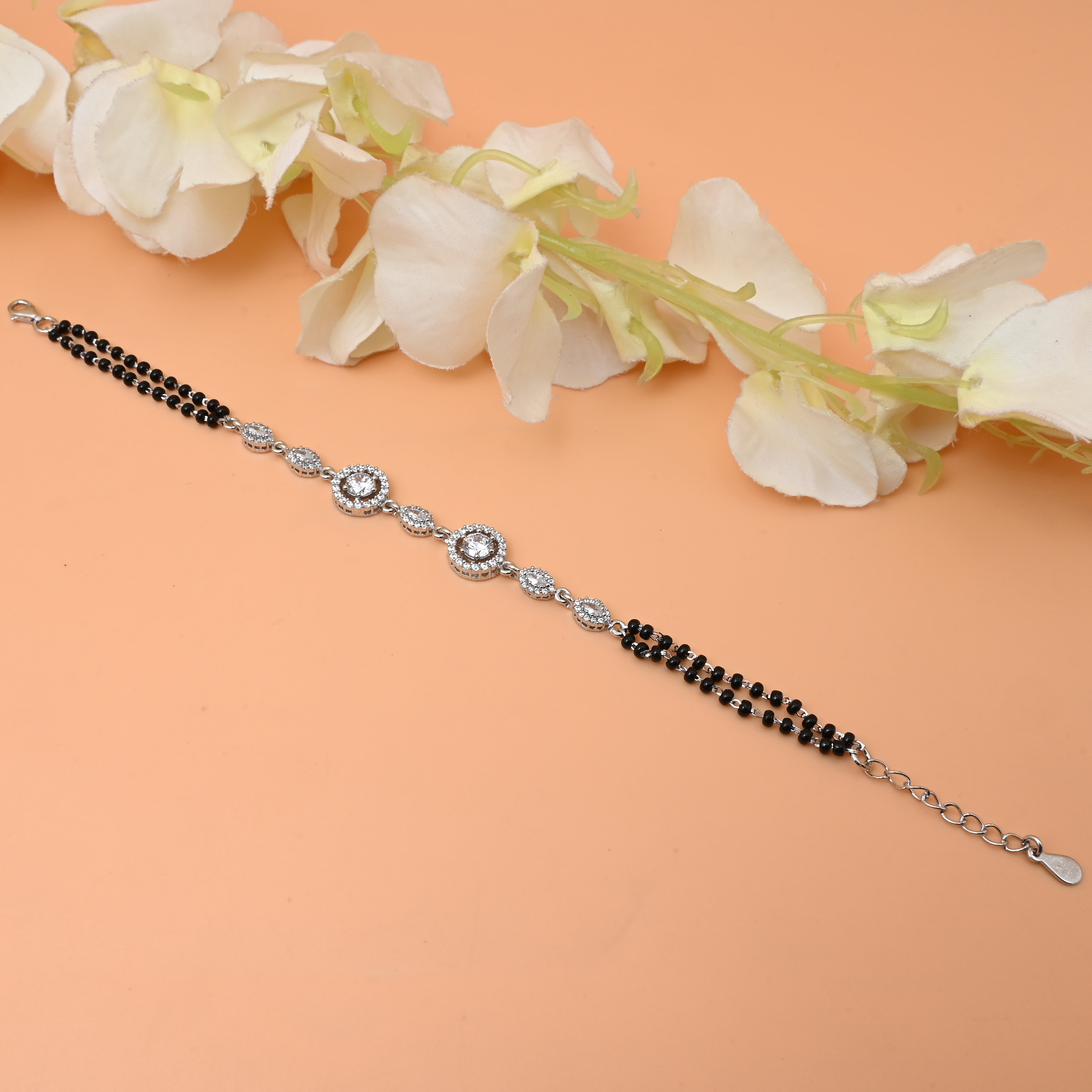 Elegant Silver Mangalsutra Bracelet for Girls – White Round Shaped Stones Design