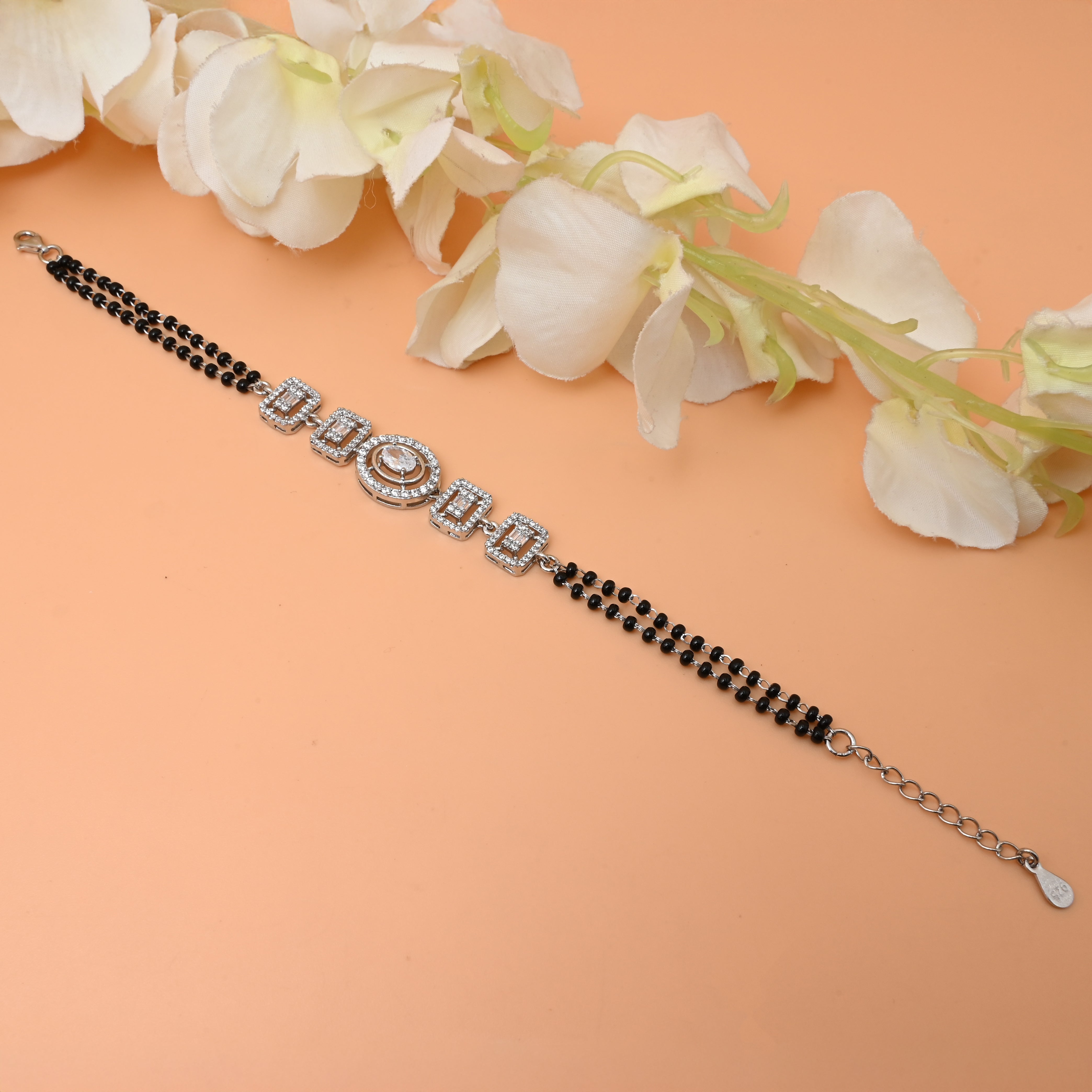 Silver Bracelet with White Square Stones – Unique Mangalsutra Pattern for Girls