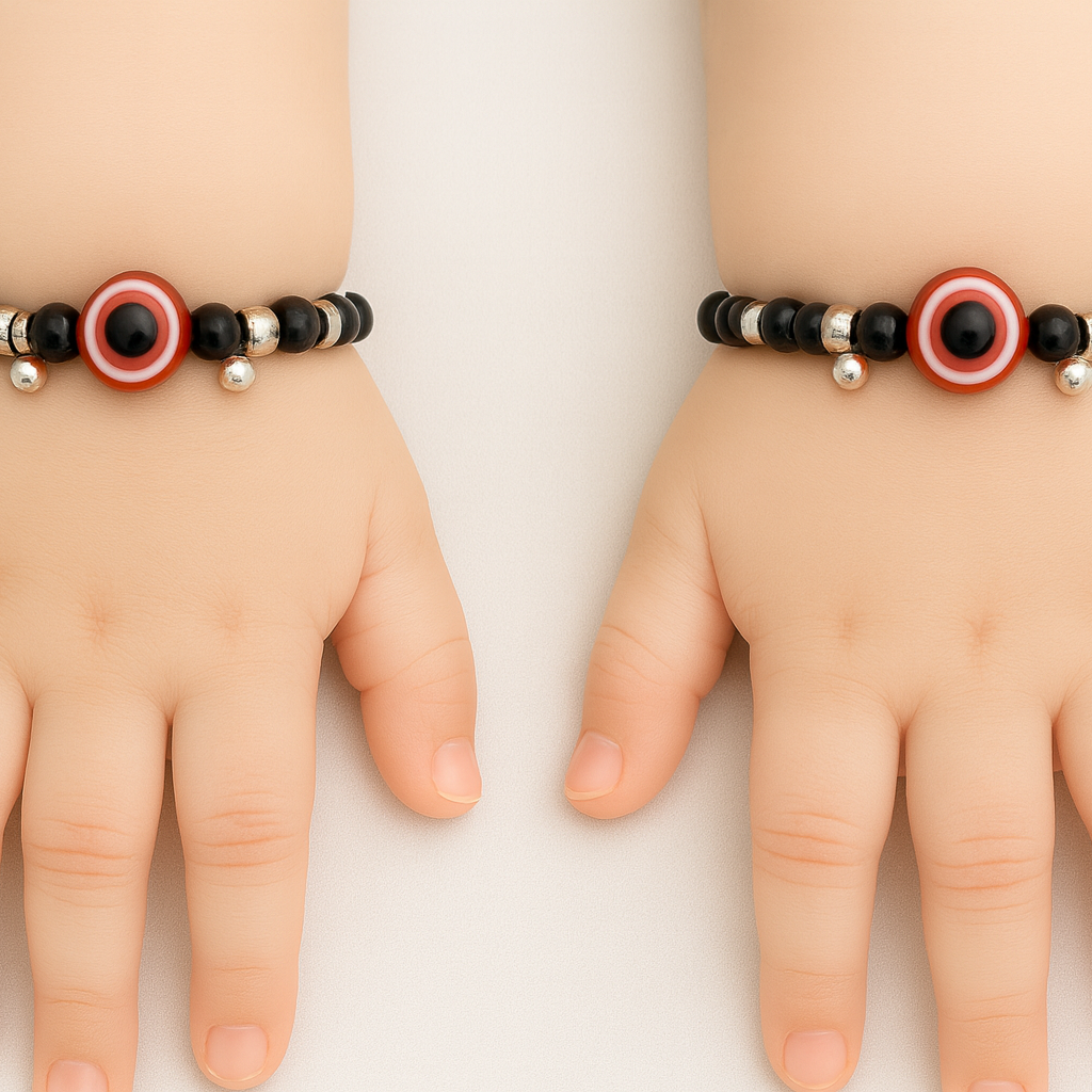 Black Beads & Red Evil Eye Silver Baby Bracelet